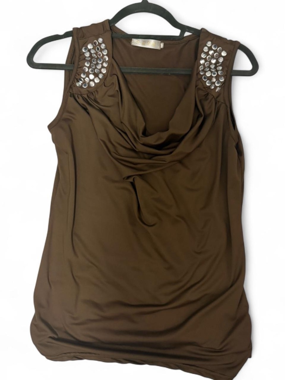 Sleeveless Brown Drape Neck Embellished Top